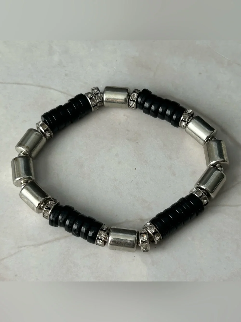 Black and Silver Beaded Stretch Bracelet